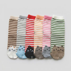 MIT台灣製 精緻設計純棉直版女襪 條紋貓貓款